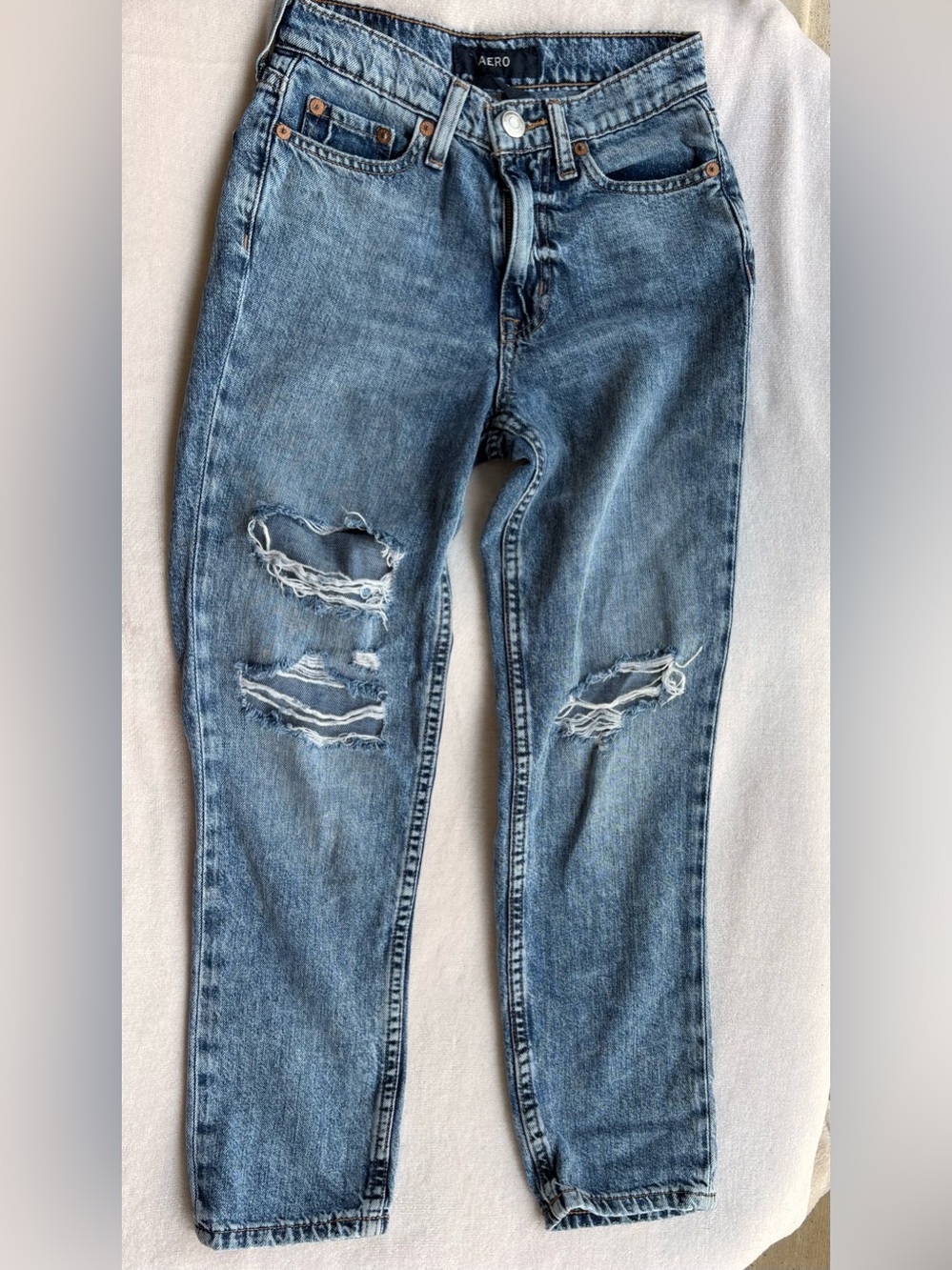Women's Light Blue Distressed MomJeans
